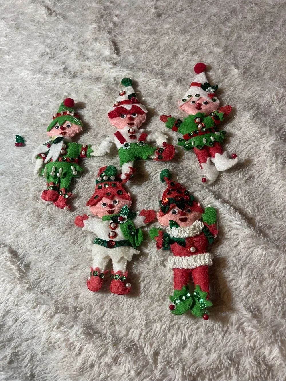 Vintage  handmade Felt Christmas Elf Ornaments - Red, Green, White